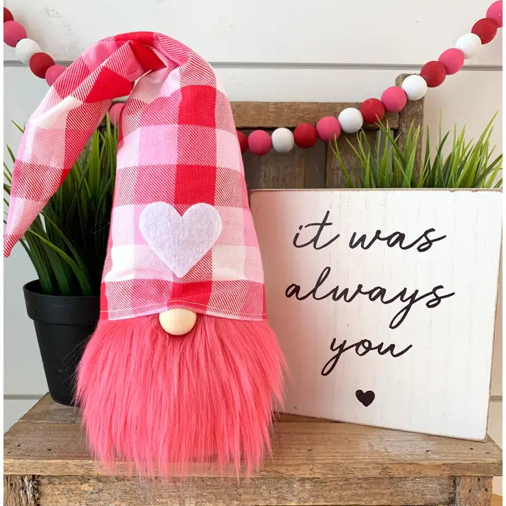 White Pink Check Valentine Gnome